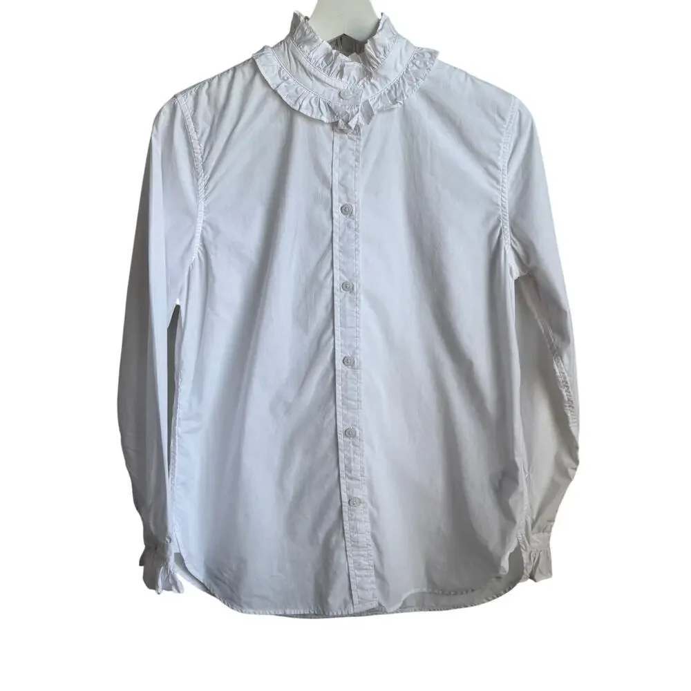 J. Crew Cotton Long Sleeve Classic-Fit Ruffle Neck Shirt White Women's Size 2